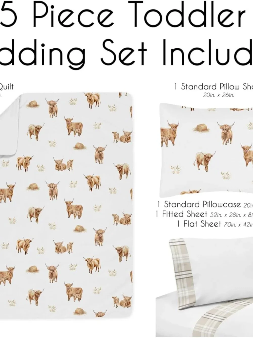 5-Piece Toddler Bedding Set Boho Highland Cow for Girls/Boys, Kids incl. Bed in